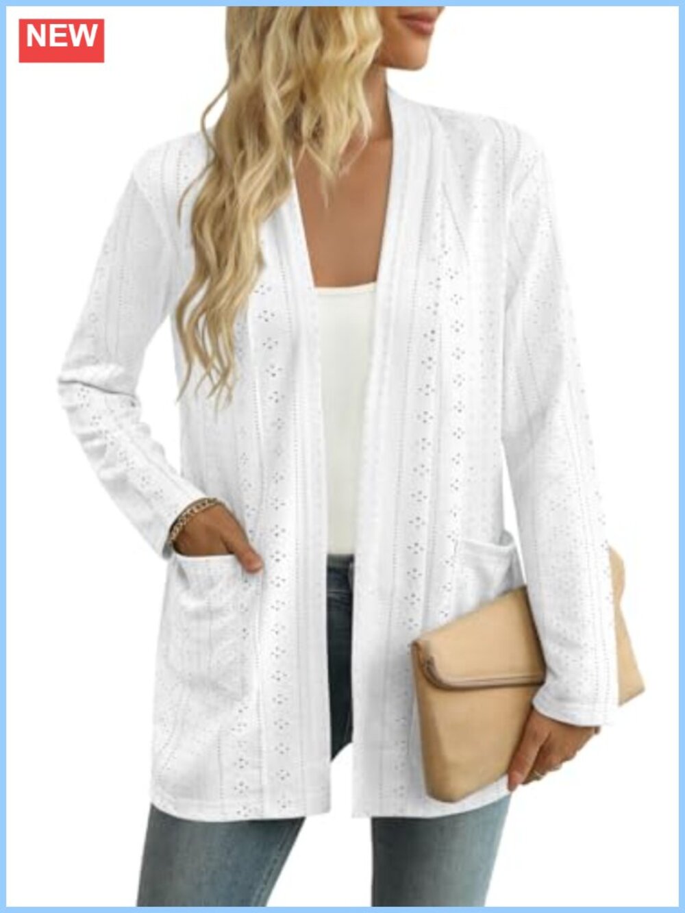 Lightweight Open Front Eyelet Cardigan Long Sleeve Loose Knit with Pockets